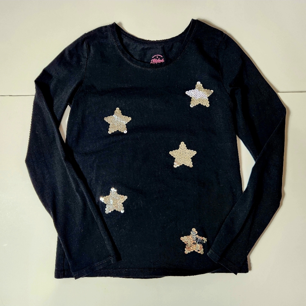 🩷Faded Glory Girl Black Long Sleeve Tee with Silver Stars Size: 10/12 L